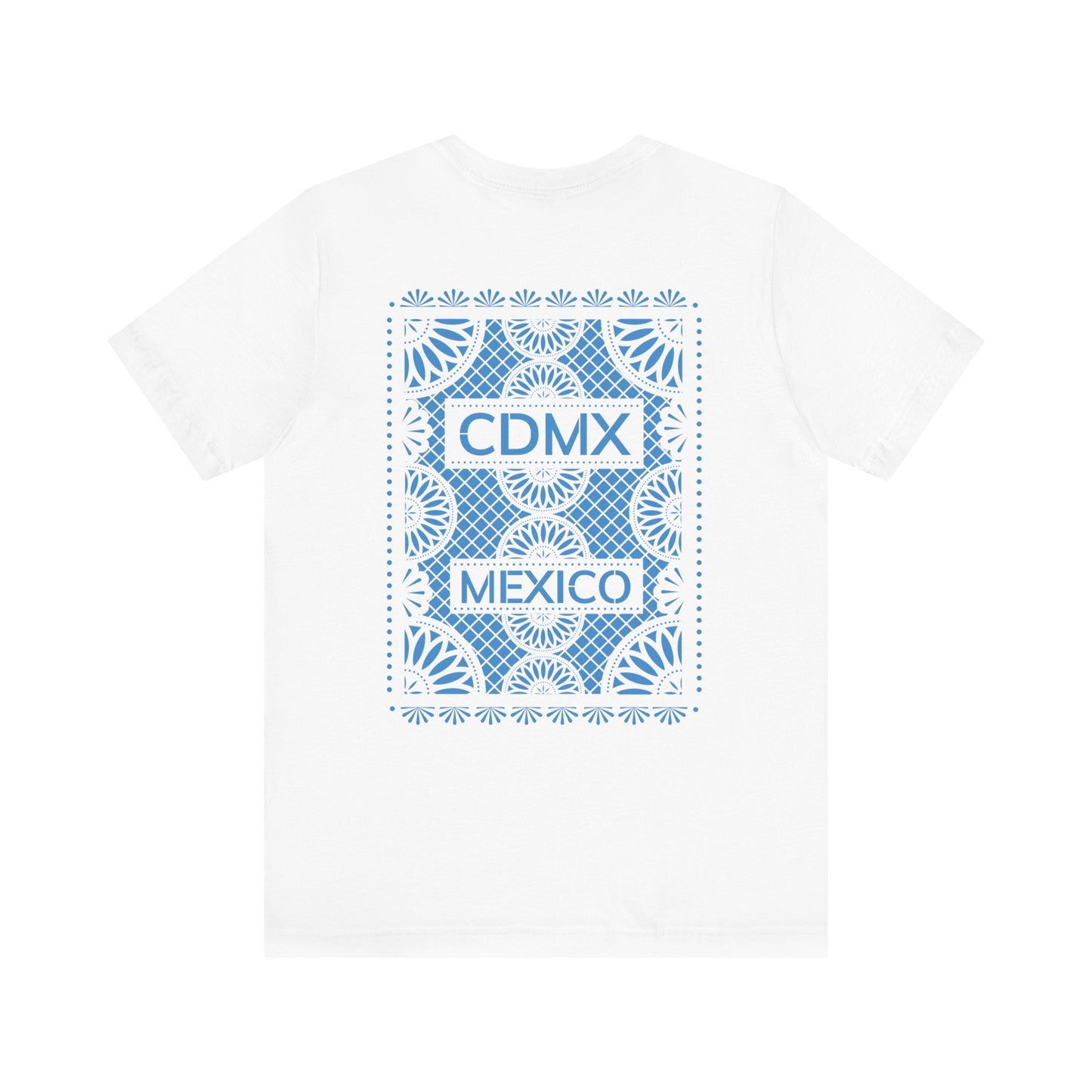 Back view of Unisex White Crewneck T-Shirt featuring blue Papel Picado CDMX Mexico design