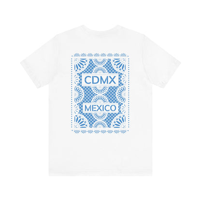 Back view of Unisex White Crewneck T-Shirt featuring blue Papel Picado CDMX Mexico design