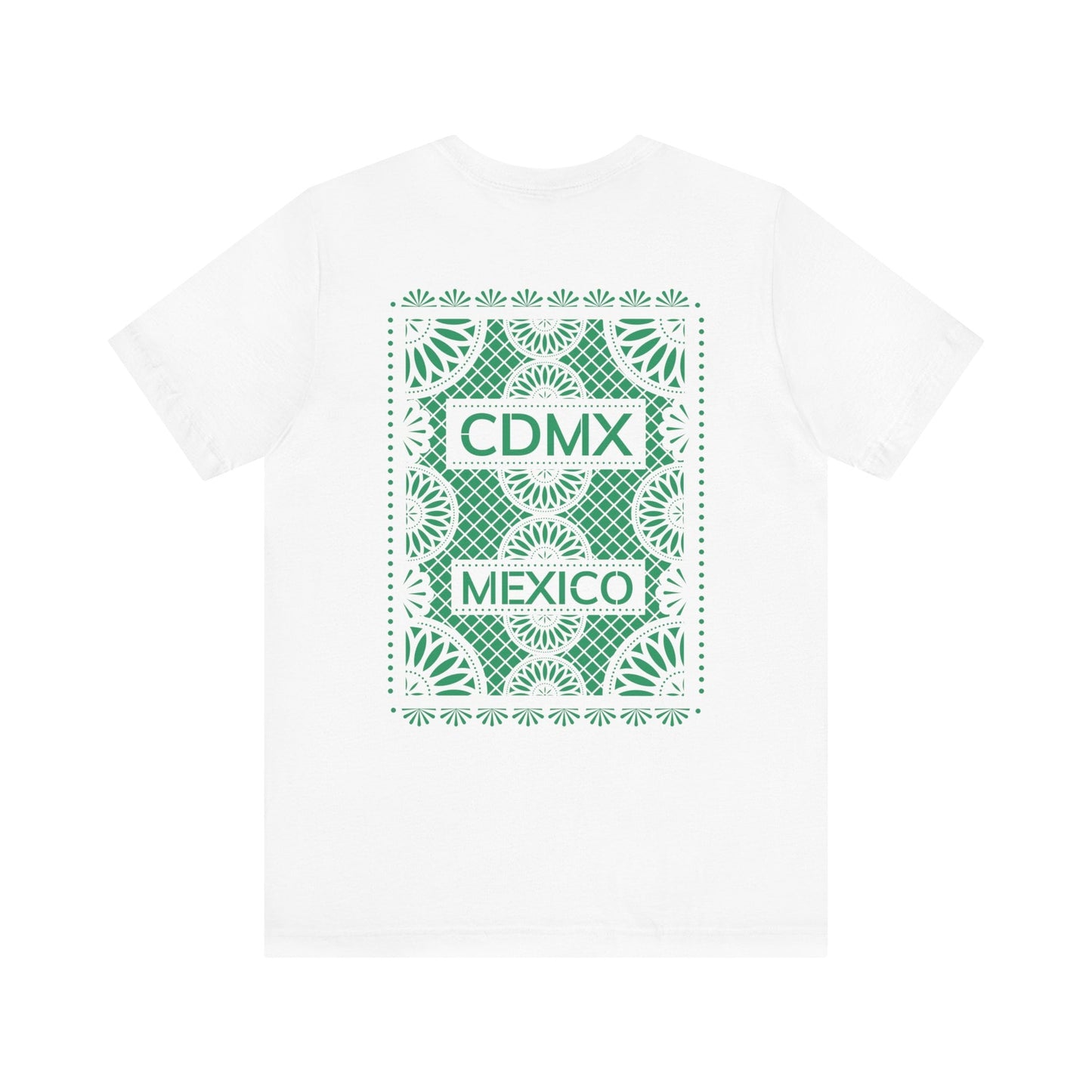 Back view of Unisex White Crewneck T-Shirt featuring green Papel Picado CDMX Mexico design