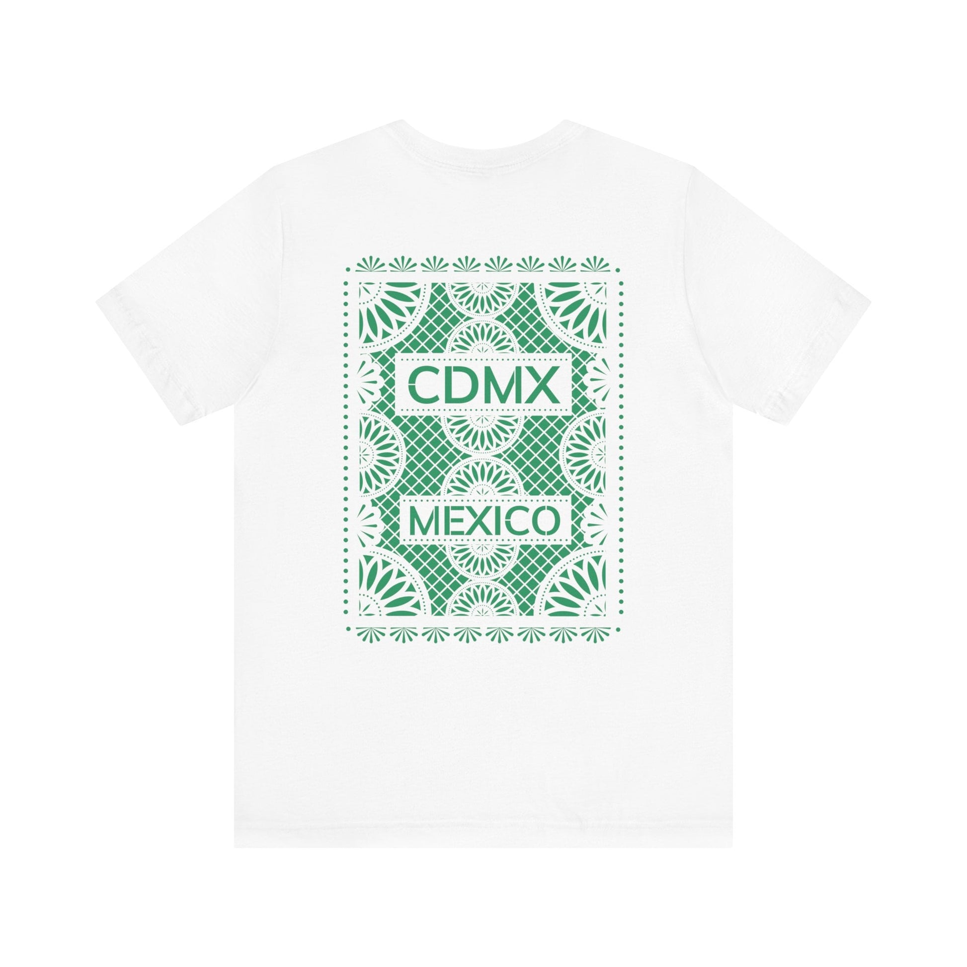 Back view of Unisex White Crewneck T-Shirt featuring green Papel Picado CDMX Mexico design