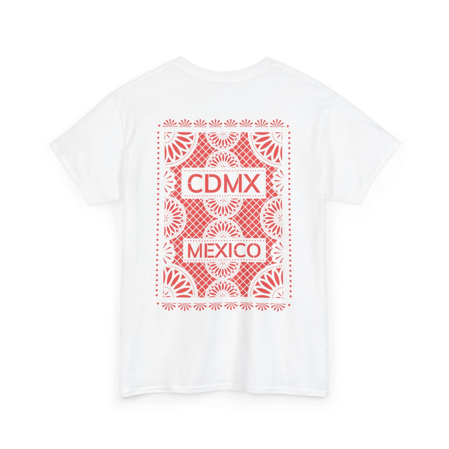 Back view of Unisex White Crewneck T-Shirt featuring red Papel Picado CDMX Mexico design