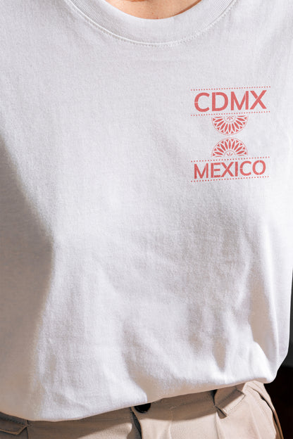 Front view of Unisex White Crewneck T-Shirt featuring red Papel Picado CDMX Mexico design.